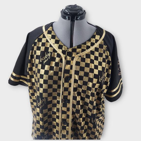 Baby Phat Jersey Women's 3XL Gold/Black Checkered Button Down Short Sleeve Y2K - Picture 2 of 7